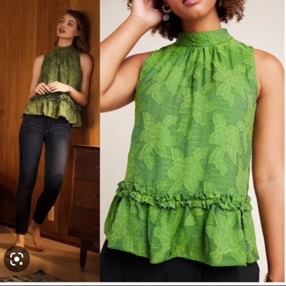 Maeve by Anthropologie Embroidered Green High Neck Floral Blouse Sz 8